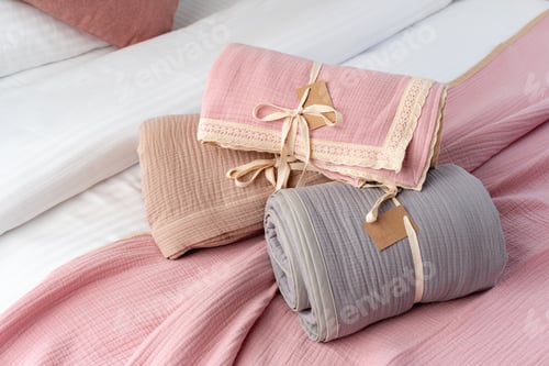 Preview: Rolled Up Soft Pink and Grey Muslin Blankets on Bed