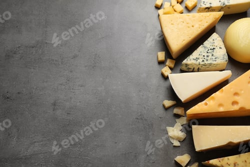 Preview: Different delicious cheeses on grey table, top view. Space for text
