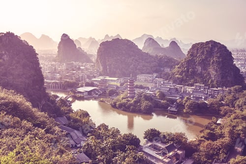 Preview: Sunset over Karst mountains formations in Guilin, China.