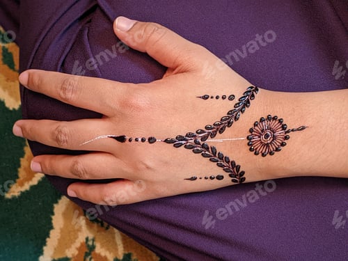 Preview: A hand with intricate henna designs, swirling patterns in reddish-brown, captivating work of art