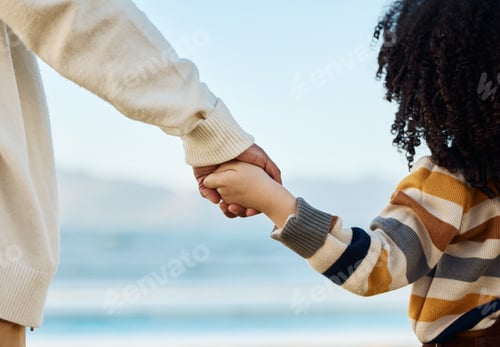 Preview: Family, holding hands and parent with a child on the beach while on summer vacation for travel toge