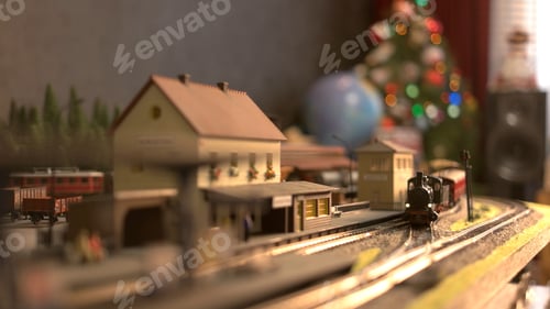 Preview: Toy locomotive moving through model train station.