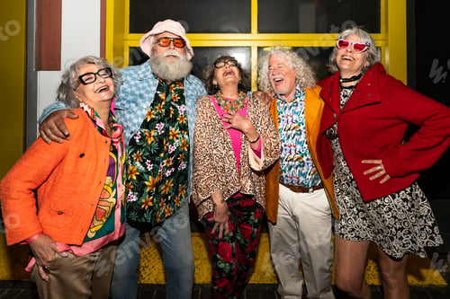 Preview: Group of happy senior friends with fancy clothing having party in the night