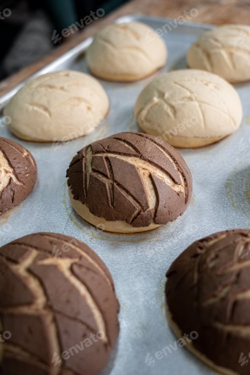 Preview: Freshly made Mexican chocolate and vanilla shells on the baking tray