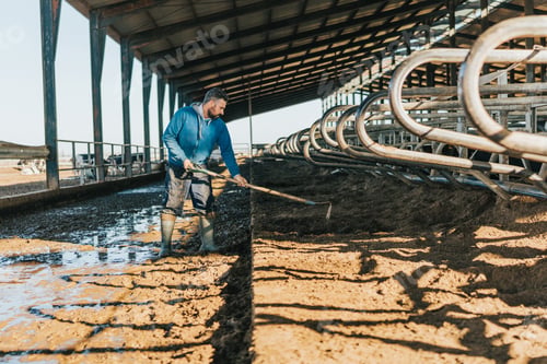Preview: man with hoe removes soil from cows cubicle house