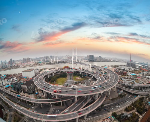 Preview: aerial view of shanghai nanpu bridge in sunset