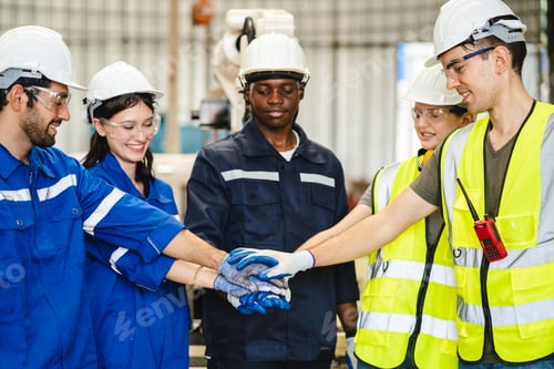 Preview: Robotic technician, Factory engineer inspecting machine with smart tablet, robot arm remote system