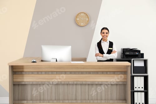 Preview: Portrait of receptionist at desk in modern hotel