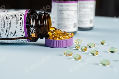 Preview: Plastic jar of vitamin D and omega-3 capsules close-up