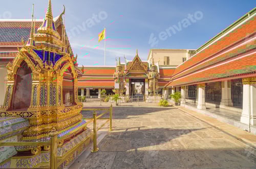 Preview: Golden pagoda at Temple of the Emerald Buddha in Bangkok, Thailand. Wat Phra Kaew and Grand palace