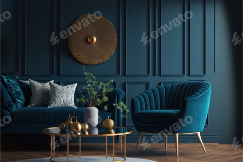 Preview: Living room interior with blue color, sofa, table and house plant around