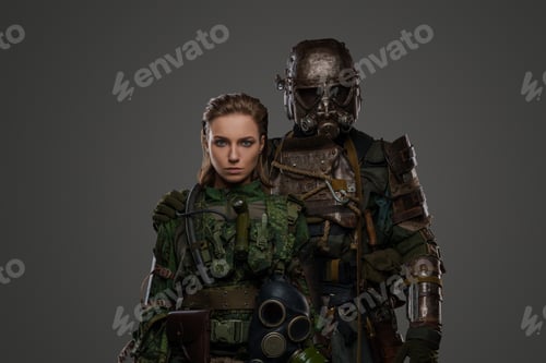Preview: Couple of post apolyptic survivors against grey background