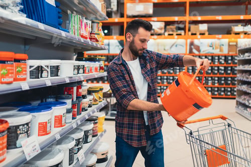 Preview: a man in a hardware store chooses paint for construction work