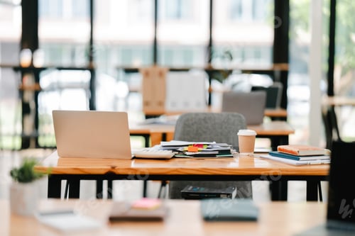 Preview: Empty office desk with laptop and accessories. Work space. Free space. Copy space.