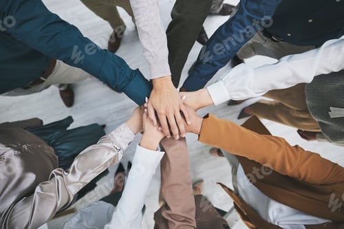 Preview: Hands together, team and support, solidarity and business people with top view, stack and community