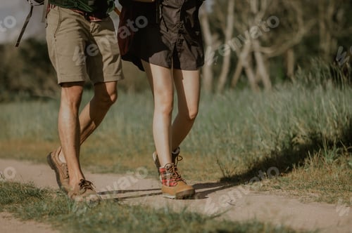 Preview: Hikers with backpacks walking trough forest path wearing mountain boots with focus on the shoes.
