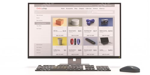 Preview: Online shop website design template on a computer monitor isolated on white. 3d illustration