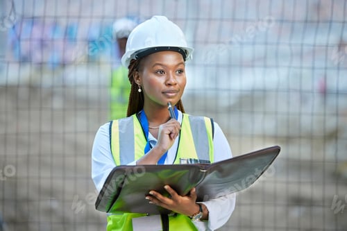 Preview: Construction worker, maintenance and development woman thinking with documents at work. Building ma