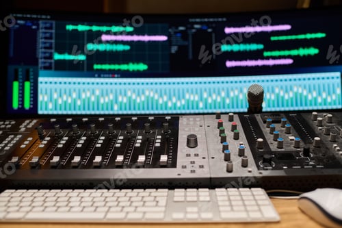 Preview: Audio Mixing Console with Microphone Recording Music in Professional Studio