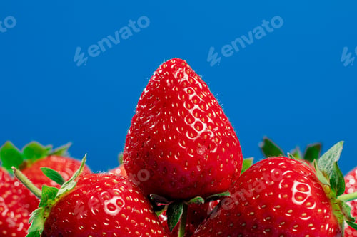 Preview: Bunch of strawberries on blue background. Summer seasonal red berries