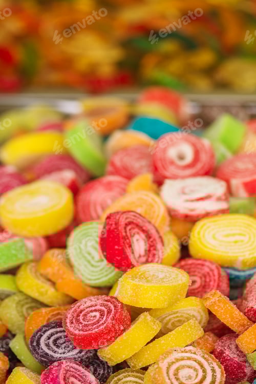 Preview: Sweets on street market, colorful candy in outdoor shop