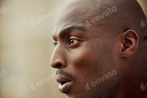 Preview: Face, fitness or black man ready to start running exercise, cardio workout or sports exercise outdo