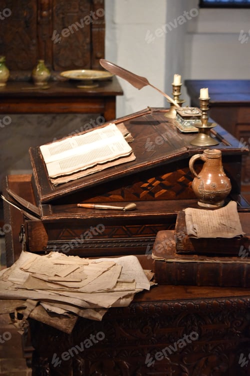 Preview: Antique desk papers and writing instruments