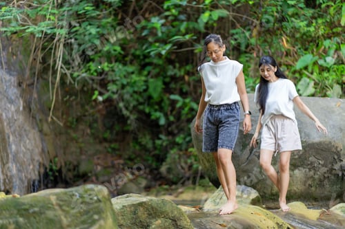 Preview: Asian Indonesian Women Trekking Barefoot by River Rocks in Yogyakarta Jungle