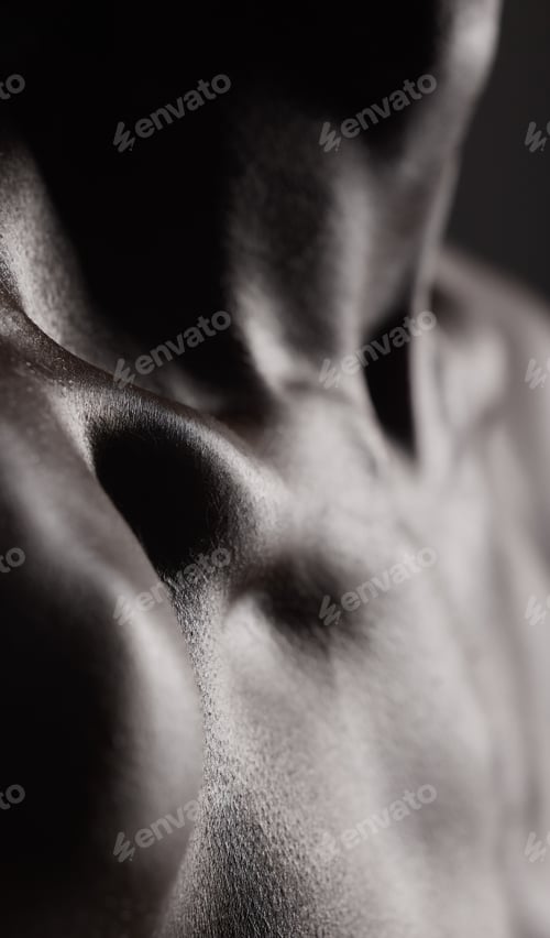 Preview: Collarbone, closeup and skin or body of man with muscle and cosmetics, health and model with glow f