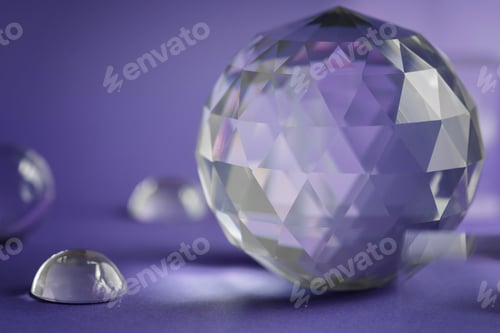 Preview: Crystal prism refracting light, magic crystals and pyramid, sphere and cube on purple background
