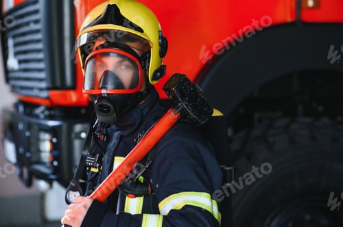 Preview: Photo of young fireman with sledgehammer in hands near fire engine