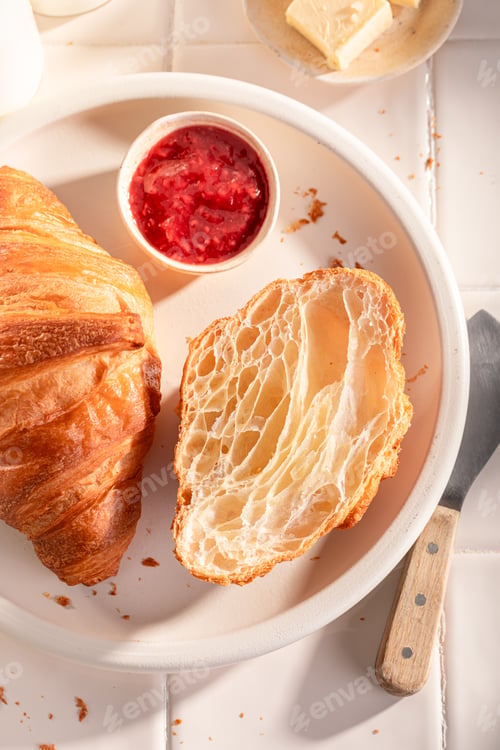Preview: Sweet and healthy french croissants in spring morning.