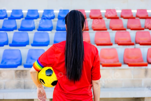 Preview: Female soccer player with captain armband with LGBT pride flag