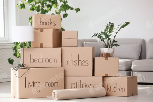 Preview: Pile of moving boxes and household stuff in living room