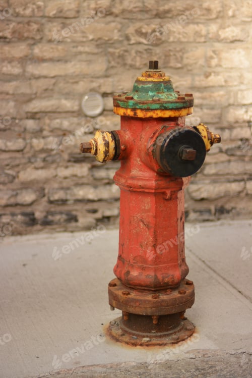 Preview: A vintage red metallic fire hydrant in the ground for fighting fires.