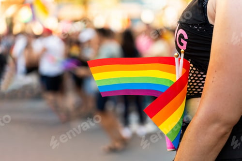 Preview: Woman holding rainbow flags at lgbt pride parade