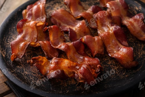 Preview: Cooked bacon on a wooden serving plate