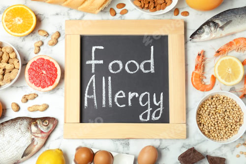 Preview: Chalkboard with words FOOD ALLERGY and different products on white marble table, flat lay