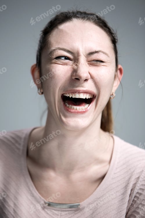 Preview: The happy woman on gray background