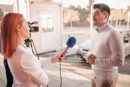 Preview: Journalist interviewing businessman on city street with video camera
