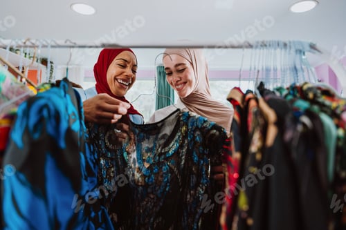 Preview: women friends smiling shopping in clothing store