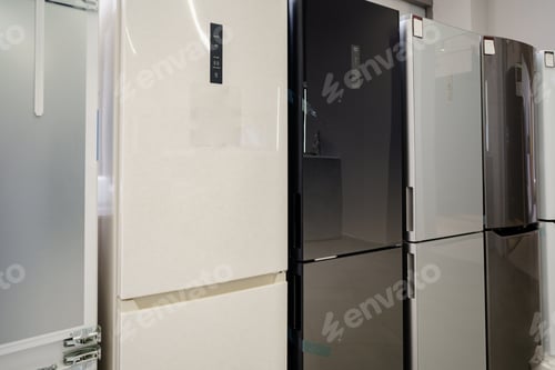 Preview: Row of fridges in household appliances store