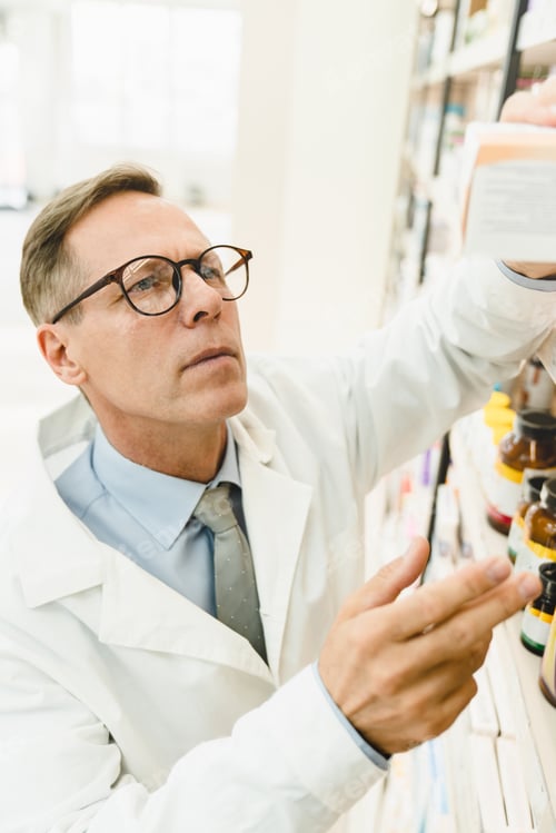 Preview: Druggist stretching to pills, vitamins, painkillers, medicines at pharmacy shelves in drugstore