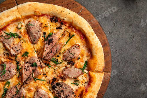 Preview: Duck pizza with sliced meat and herbs