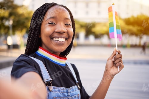 Preview: Black gay woman, selfie and rainbow flag for lgbtq pride with a smile for sexuality freedom, non bi