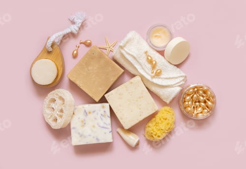 Preview: Beige soap bars, seashells, natural sponges and towel on light pink top view