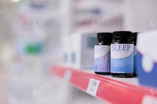 Preview: Empty drugstore with nobody in it with bottles and packages on medicaments