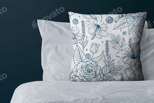 Preview: Floral pattern cushion cover, blue botanical realistic design