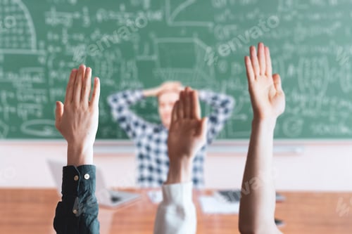 Preview: the students at school with raised handsб classroom learning together