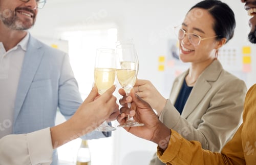 Preview: Toast, champagne and party with business people in office for winner, celebration and support. Team